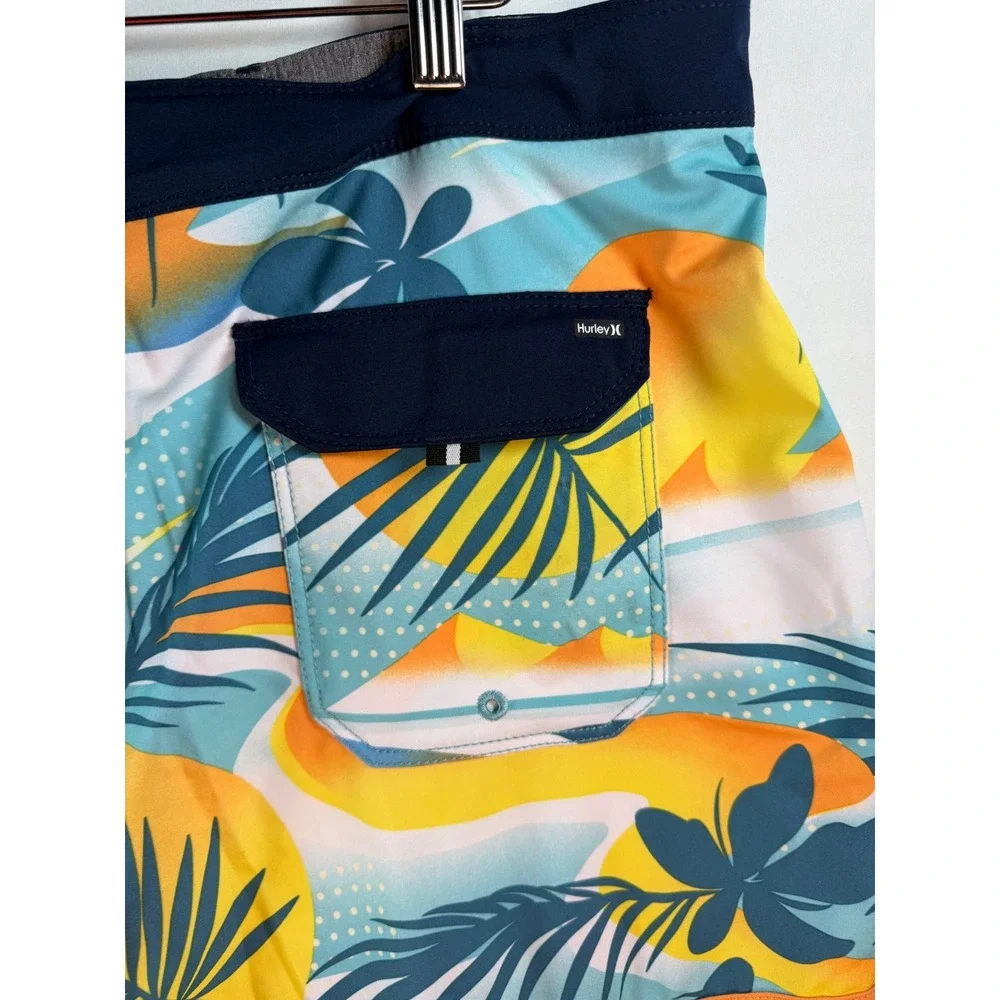 Hurley Mens Tropical Palm Tree Print Board Shorts Blue Swim Trunks Size 36 beach